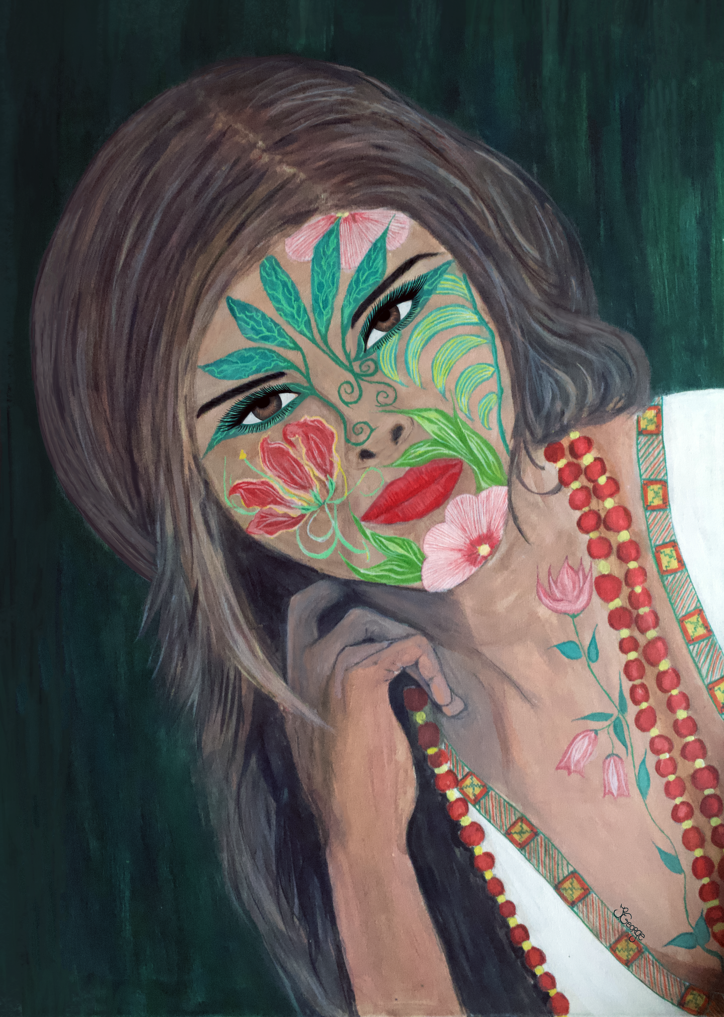 Mariju vrouwelijk portret met bloemen